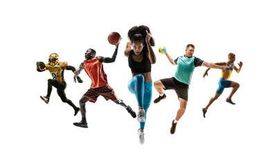 Fototapeta na wymiar Collage of different professional sportsmen, fit men and women in action and motion isolated on white background. Made of 5 models. Concept of sport, achievements, competition, championship.