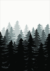 Obraz premium Landscape with fir trees. Vector monochrome background with silhouette of coniferous spruce forest. Evergreen coniferous trees. Spruce, christmas tree. Hand drawn forest fir trees silhouettes