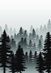 Landscape with fir trees. Vector monochrome background with silhouette of coniferous spruce forest.  Evergreen coniferous trees. Spruce, christmas tree. Hand drawn forest fir trees silhouettes