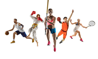 Collage of different professional sportsmen, fit men and women in action and motion isolated on white background. Made of 5 models. Concept of sport, achievements, competition, championship.