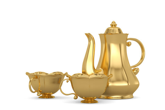 Gold  tea set Isolated On White Background, 3D render. 3D illustration.