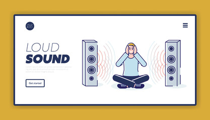 Loud sound landing page with man closing ears with hands sitting between loudspeakers