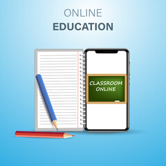 Online digital class education online and empty space on the phone, mobile website background. the concept of social distance. decor by the book pencil .3D  illustrations.