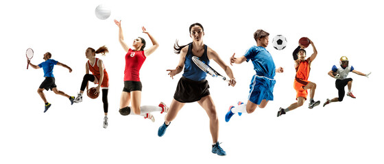 Collage of different professional sportsmen, fit men and women in action and motion isolated on white background. Made of 5 models. Concept of sport, achievements, competition, championship. - obrazy, fototapety, plakaty