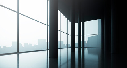 Obraz na płótnie Canvas Corner of empty panoramic office with dark walls, concrete reflection floor and panoramic windows with blurry cityscape. Megalopolis silhouette on background. Concept of real estate. 3d rendering.