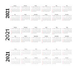 Calendar for 2021 isolated on a white background
