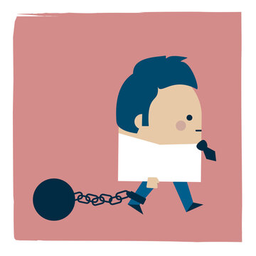 captive businessman dragging a cannonball - Kawaii cartoon character business illustration
