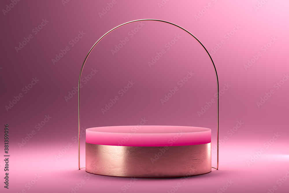 Poster round showcase and metallic object as frame stand on pink background. copy space. empty space. 3d re