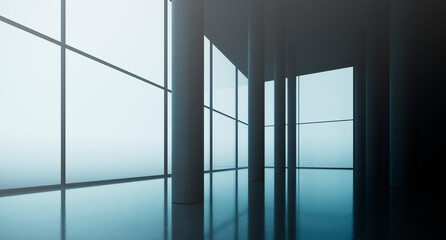 Photo of an empty interior with panoramic windows, columns and a concrete reflective floor. Open space modern office on a high floor in a skyscraper. Megalopolis silhouette on background.