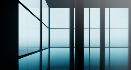 Realistic 3d render of an empty stylish office interior of a modern business center. Open space with panoramic windows on the high floor of a skyscraper. Clouds outside. premium class apartments.