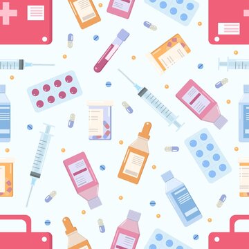 Medicine pattern with medical and pharmaceutical products. Pills and capsules in flat style background. Vector illustration.
