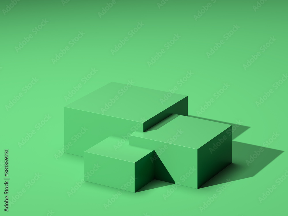 Poster three green blank foursquare showcases with empty space on green background. 3d rendering. minimalis
