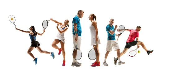 Collage of different professional sportsmen, fit men and women in action and motion isolated on white background. Made of 4 models. Concept of sport, achievements, competition, championship.