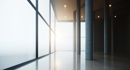 Empty office interior with columns and panoramic city views. Modern luxury apartment in a skyscraper on a high floor. Real estate concept. Horizontal mockup. Realistic 3d render.