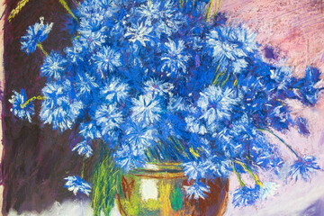texture. Drawing dry soft pastel on paper. Still life of cornflowers in a vase