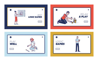 Set of landing pages with cartoon playing logic games for development and education