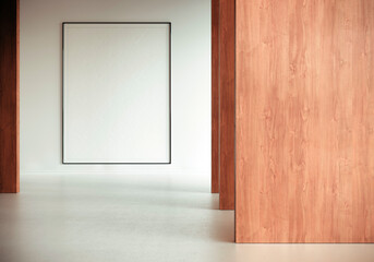 An empty black frame with blank empty space for your design on the white wall of a modern museum. single exposure of modern art. Perspective of wooden panels. Vertical mockup. 3D rendering