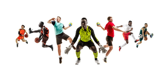 Fototapeta na wymiar Collage of different professional sportsmen, fit men and women in action and motion isolated on white background. Made of 7 models. Concept of sport, achievements, competition, championship.
