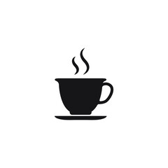 Cup of coffee or tea with steam, vector line icon black on white