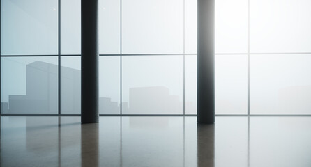 3d render of an empty open space interior with panoramic windows and a concrete reflective floor. Modern office on a high floor in skyscraper. Megalopolis silhouette on background. Horizontal mockup.