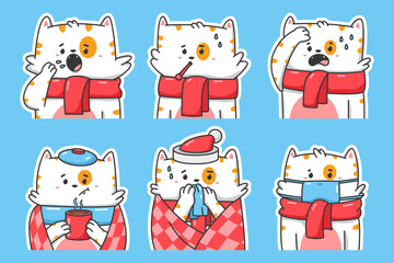 Illness vector concept illustration with cute cat. Sick pet cartoon characters set isolated on background.