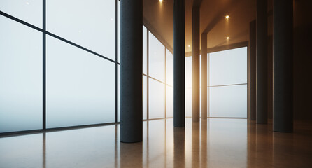 Photo of empty open space with columns and panoramic windows on a high floor in a skyscraper.  spacious office interior in a business center for rental. Horizontal mockup, 3d render. Flare light.