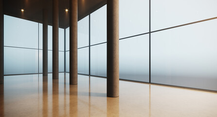 3d render of an empty office interior with columns and concrete reflective floor in a new modern business center. An open space on the upper floor of a skyscraper for commercial rent.Horizontal mockup