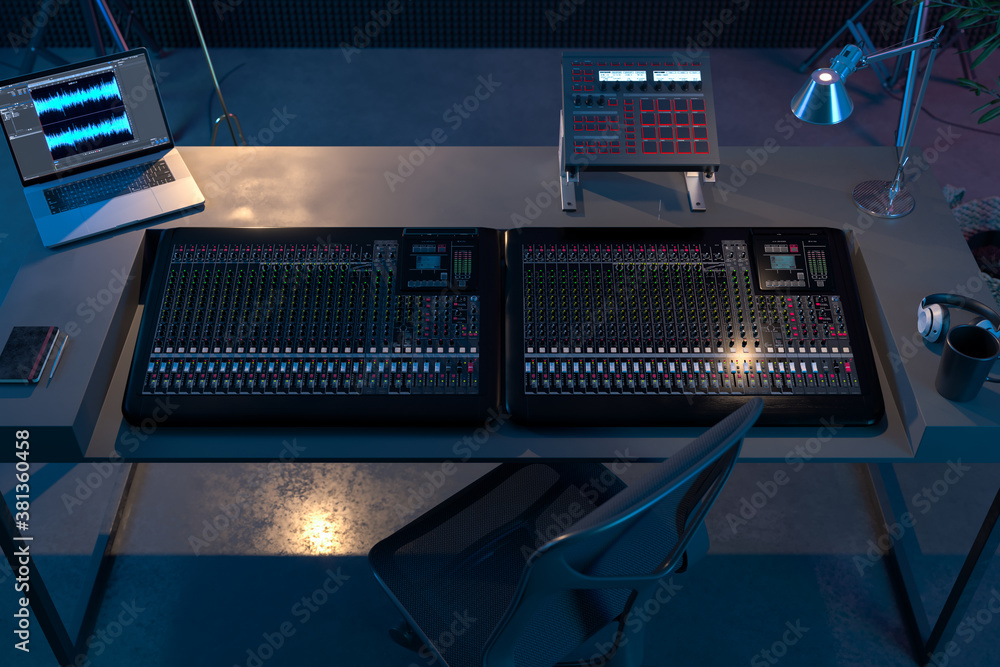 Fototapete studio computer music station set up. professional audio mixing console with faders and adjusting kn