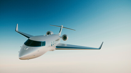 Picture of white luxury generic design private business jet flying in the empty sky. Blue sky at background. Business travel concept. Horizontal . Realistic 3d rendering.