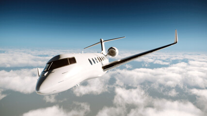 Realistic 3d render of a white, luxury generic design private jet flying over the clouds.Commercial private business jet in flight over a cloud covered background.  Business travel concept. Horizontal