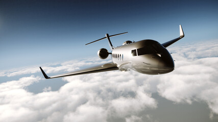 Fototapeta premium Realistic 3D render of a silver generic design private jet that flies in the blue sky above the clouds. Business travel concept. Horizontal.