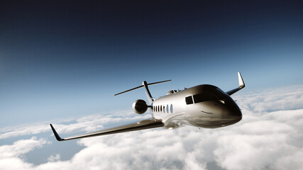3D render of a silver private superjet that flies in the sky above the clouds. Business travel concept.