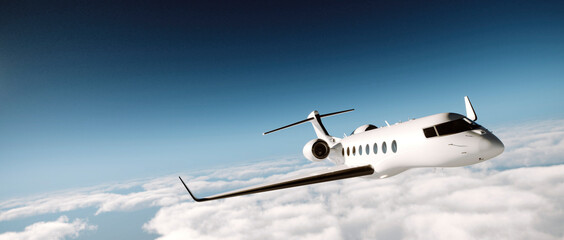 realistic 3d render. white, luxury generic design of a private jet flying above the clouds.  Modern airplane and empty blue sky on background.  Business travel concept.  Horizontal.