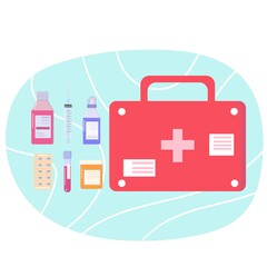 First aid kit box with medical pills, syringe and healthcare equipment and different medicine. Vector illustration in flat style. Isolated on white background.