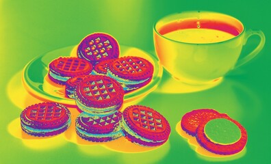 Coffee or tea in a cup with cookies. Thermal imager effect. 