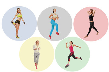 the concept of actions that can be performed together, physical distance during fitness classes. collage