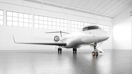Business private jet parked at white maintenance hangar and ready for take off. Luxury tourism and business travel transportation concept. White airplane with golden elements. 3d rendering
