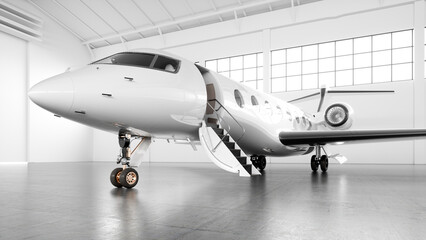 White business private jet airplane parked at maintenance hangar with big windows and ready for take off. Luxury tourism and business travel transportation concept.  First class. 3d rendering