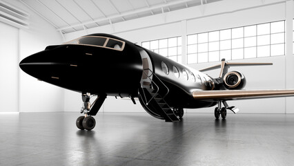 Black business private jet airplane parked at white maintenance hangar with big windows and ready for take off. Luxury tourism and business travel transportation concept.  First class. 3d rendering