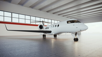 Luxury white private business jet with black wings parked in a spacious hangar and ready for international flight. Horizontal mockup. White blank airplane with empty space for design. 3d render.