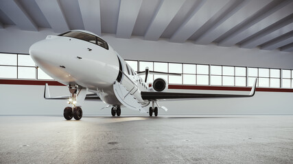 A white private jet is undergoing maintenance before flying. A first-class plane lowered a gangway for passengers. business concept. Generic design. Horizontal mockup. 3d render.