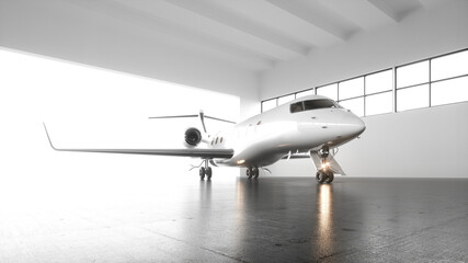 A luxury white private business jet is parked in airy hangar. The plane is preparing for departure and waiting for the vip passengers for an international flight. Horizontal mockup, flare. 3d render.