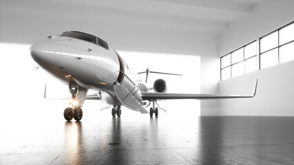 A luxury white private business jet with black wings is parked in airy hangar awaiting first-class passengers for an international flight. The plane is preparing for departure. Flare light. 3d render.
