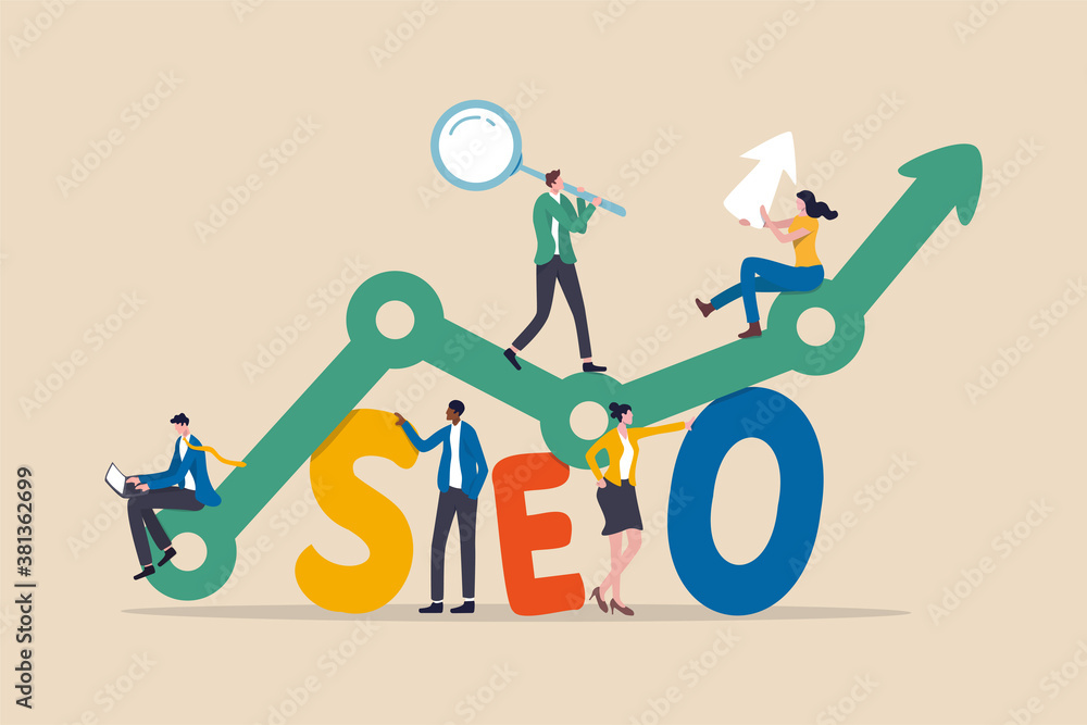 Poster seo, search engine optimization for website to show in search result page concept, professional peop