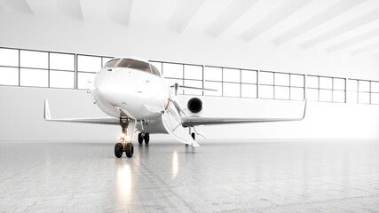 White private jet in the spacious luminous hangar waiting for passengers. Luxury plane getting ready for departure from the airport. Business concept. Horizontal mockup. Realistic 3d render.