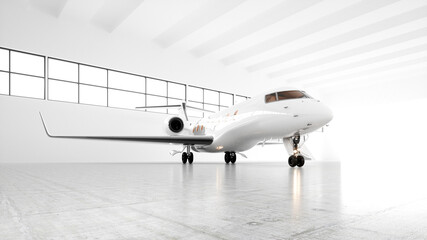 White private jet parked in a spacious light hangar and getting ready for flight. Luxury plane awaiting passengers for a private flight. Horizontal mockup. Realistic 3d render.