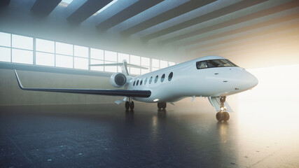 Realistic 3d render of a white private business jet with black wings in the hangar on a foggy morning and waiting for passengers. Luxury plane getting ready for departure from the airport. Flare.