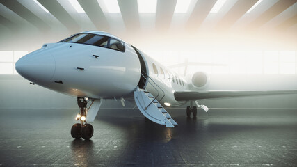 3d render of a white plane with black wings in the hangar on a foggy morning and waiting for passengers. Luxury private business jet stands with the gangway down for passengers. Flare light.