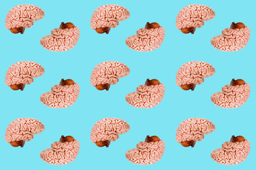 pop art poster multicolored scattered models of the human brain, seamless background, the concept...