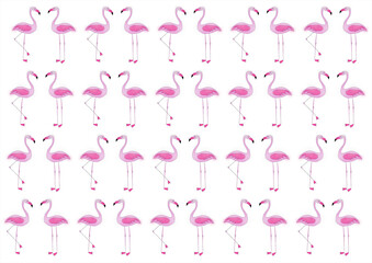 Creative hand drawn pink flamingo icons, copied in rows, cartoon style, white background